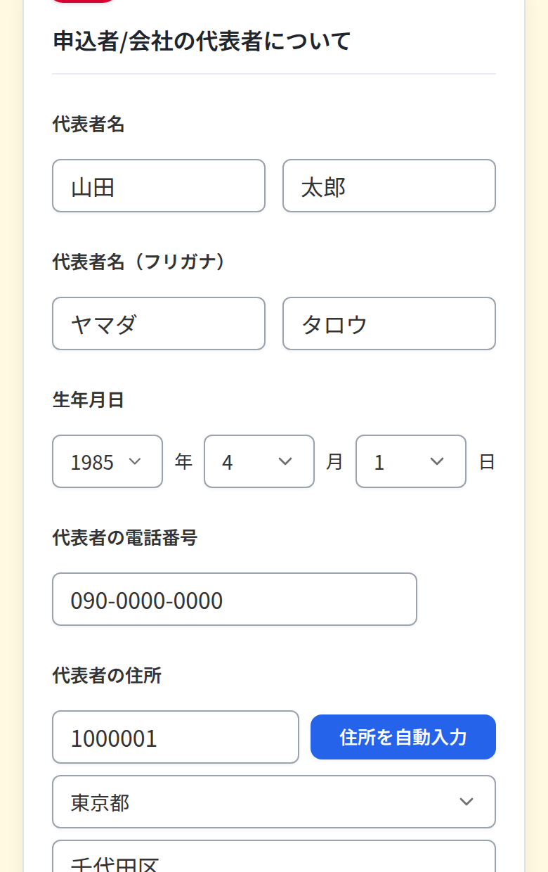 代表者情報入力画面
